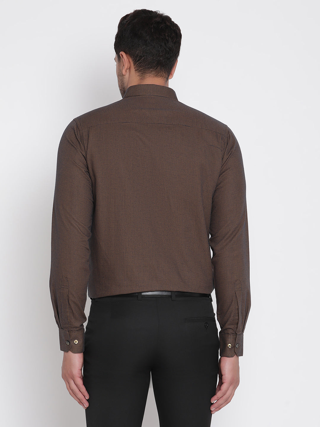 Men Brown Dobby Checked Formal Shirt Copperline