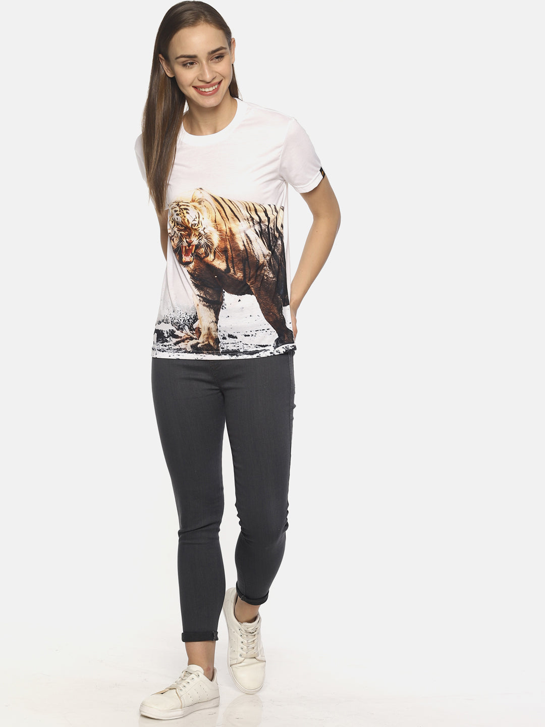 Wolfpack Women White Shivaji The Tiger Printed T-Shirt Wolfpack