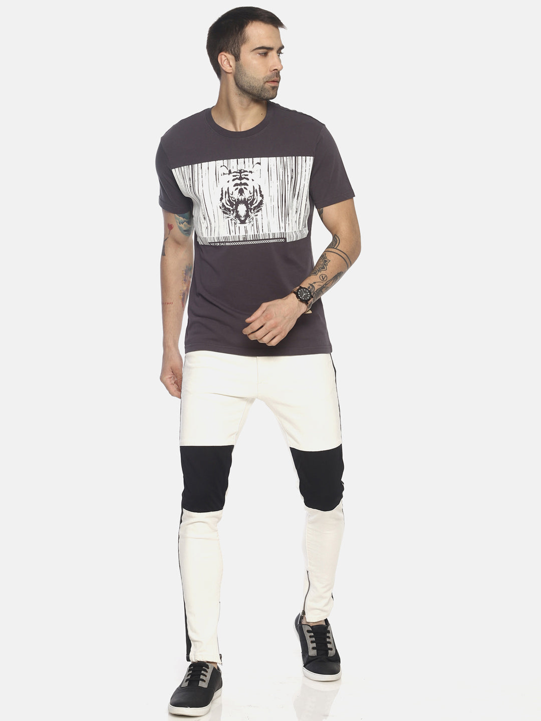 Wolfpack Round Neck Barcode Tiger Printed Grey T-Shirt Wolfpack
