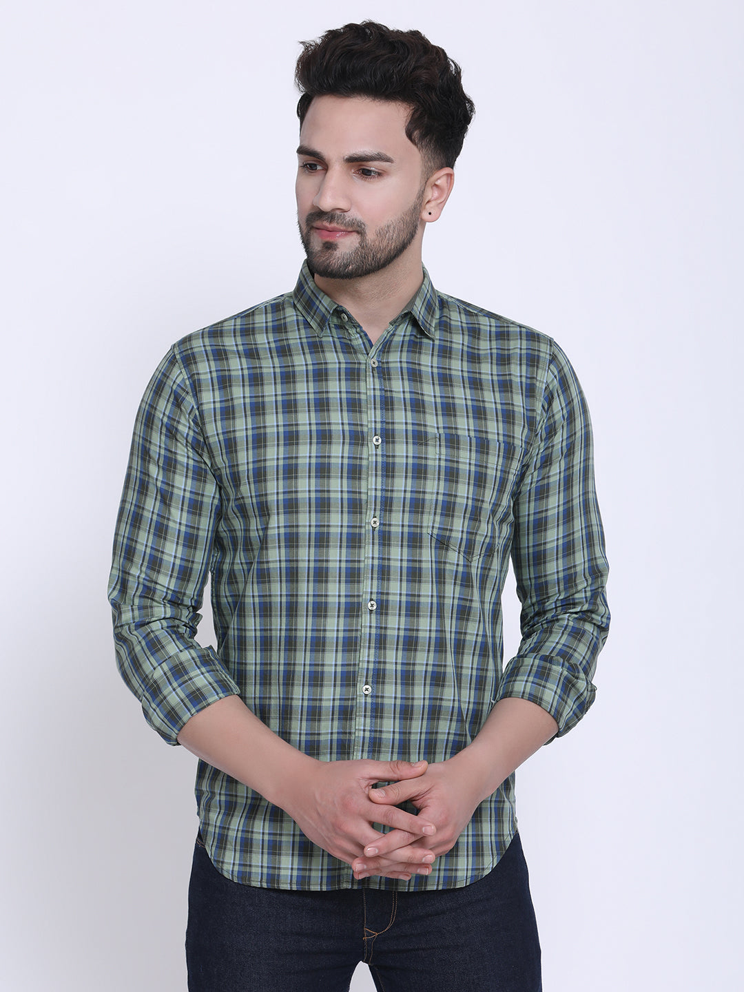 Crosscreek Men Green & Grey Slim Fit Checked Casual Shirt Crosscreek