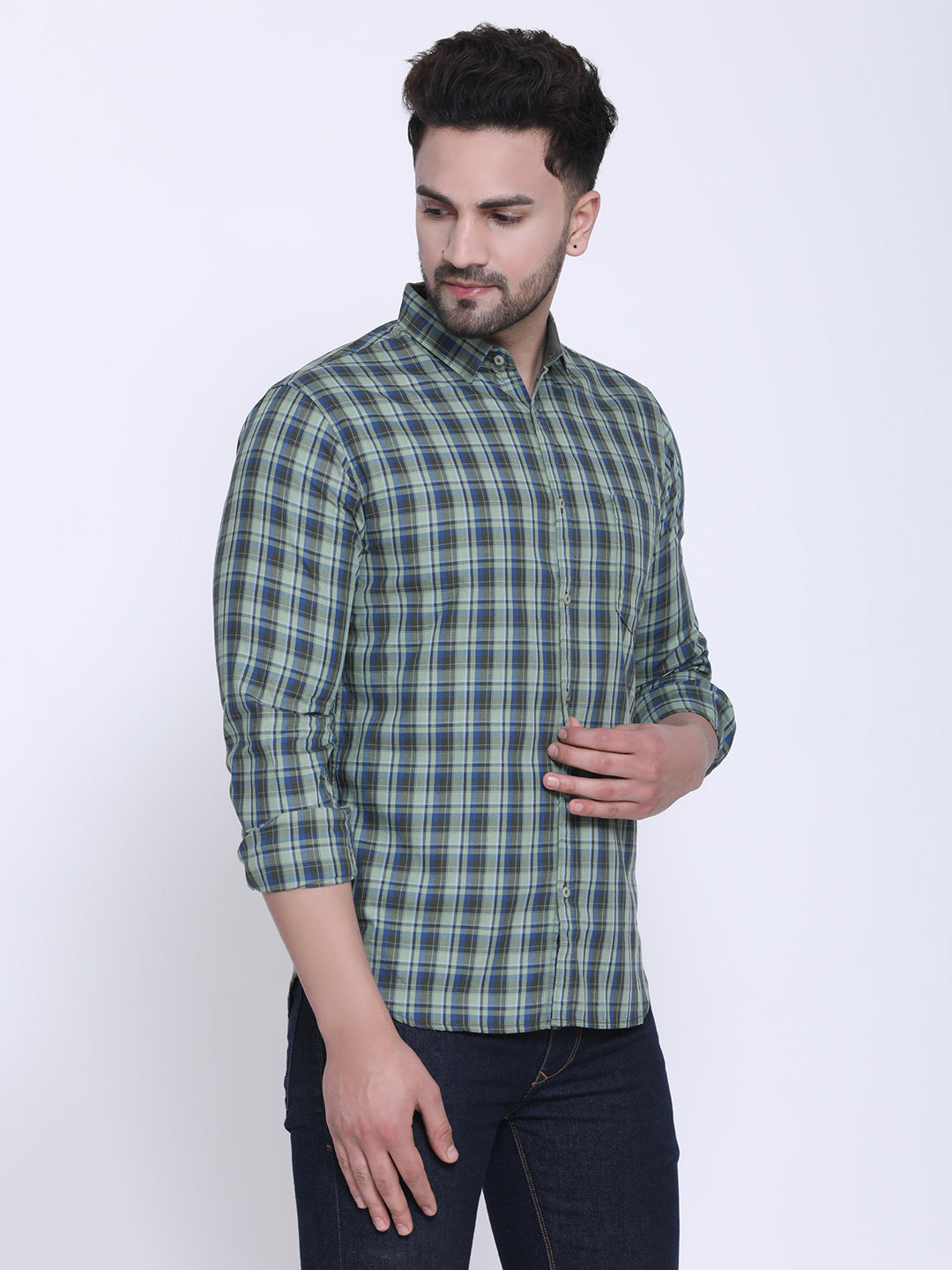 Crosscreek Men Green & Grey Slim Fit Checked Casual Shirt Crosscreek