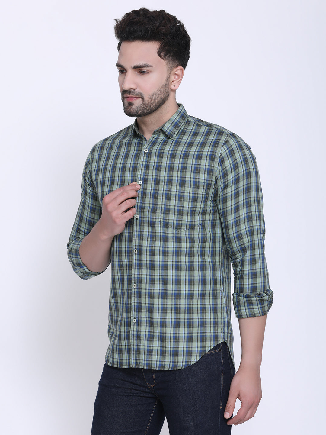 Crosscreek Men Green & Grey Slim Fit Checked Casual Shirt Crosscreek