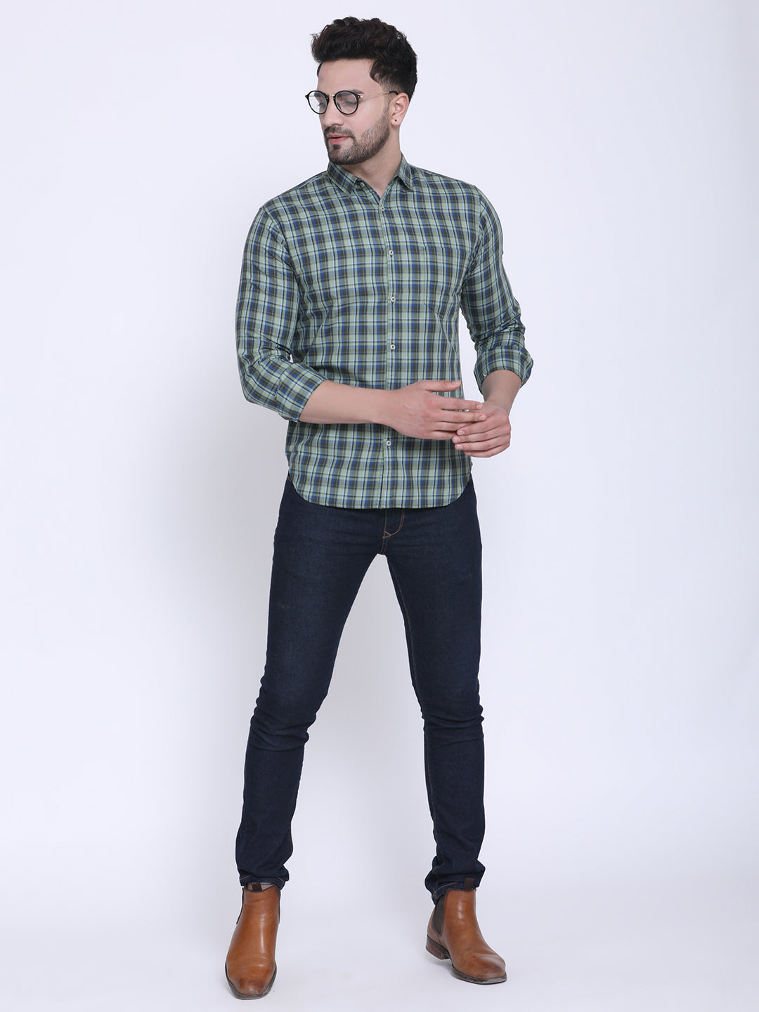 Crosscreek Men Green & Grey Slim Fit Checked Casual Shirt Crosscreek