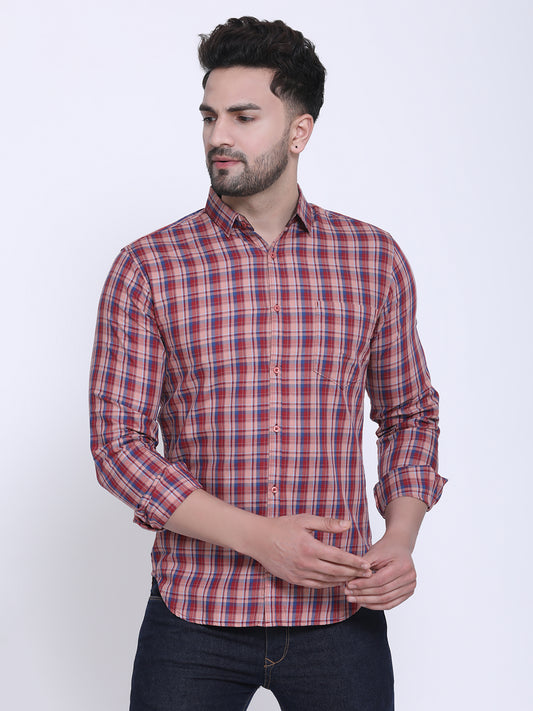 Crosscreek Men Red & Blue Slim Fit Checked Casual Shirt Crosscreek