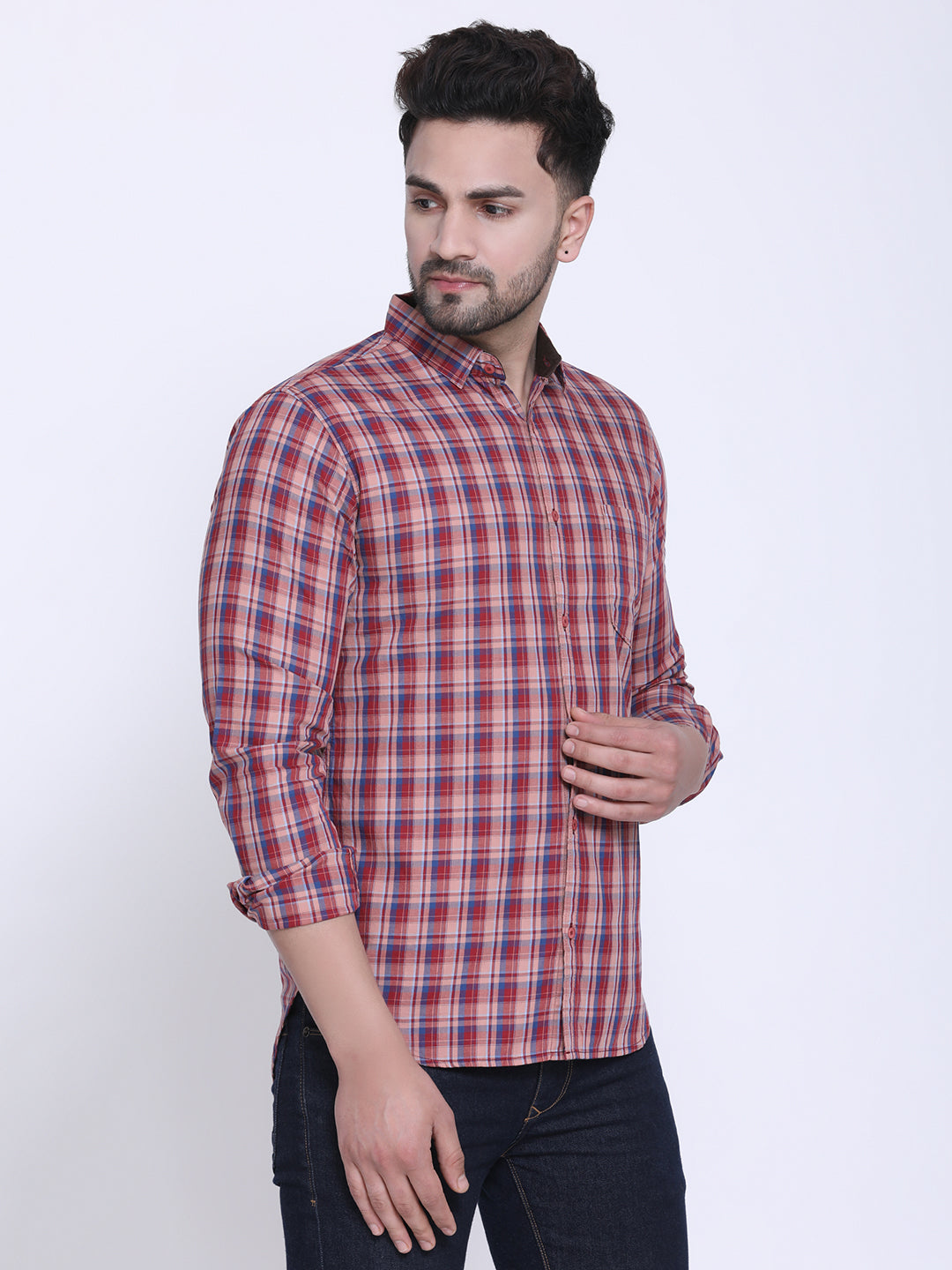 Crosscreek Men Red & Blue Slim Fit Checked Casual Shirt Crosscreek