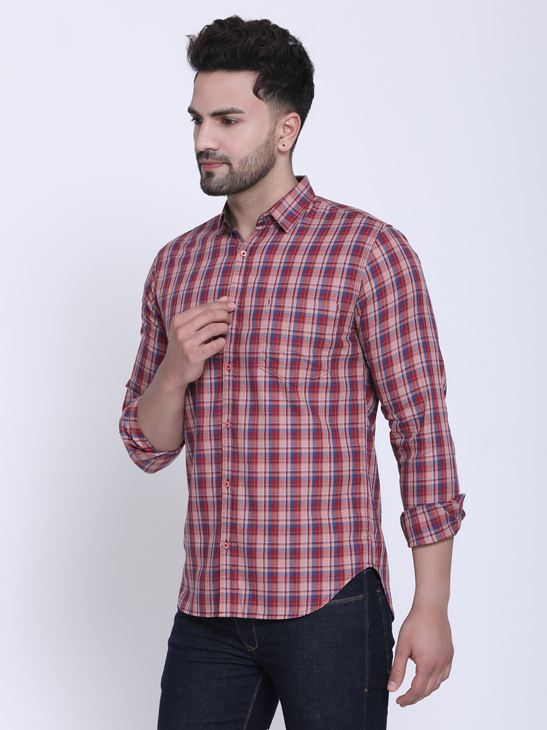 Crosscreek Men Red & Blue Slim Fit Checked Casual Shirt Crosscreek