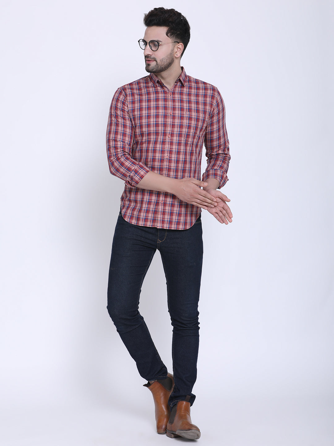Crosscreek Men Red & Blue Slim Fit Checked Casual Shirt Crosscreek