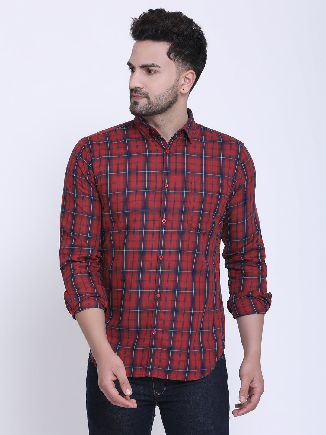 Crosscreek Men Red & Navy Blue Slim Fit Checked Casual Shirt Crosscreek