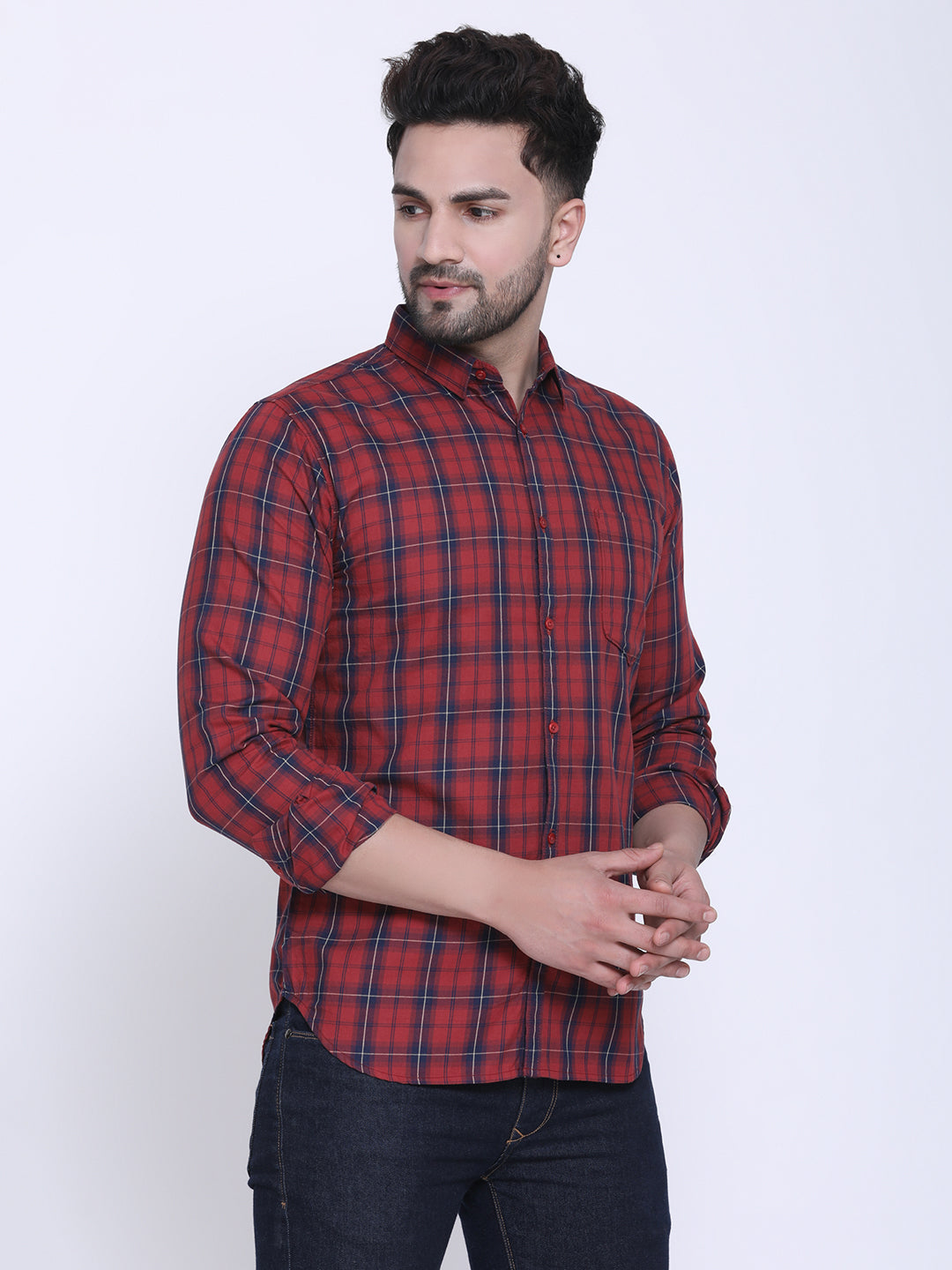 Crosscreek Men Red & Navy Blue Slim Fit Checked Casual Shirt Crosscreek