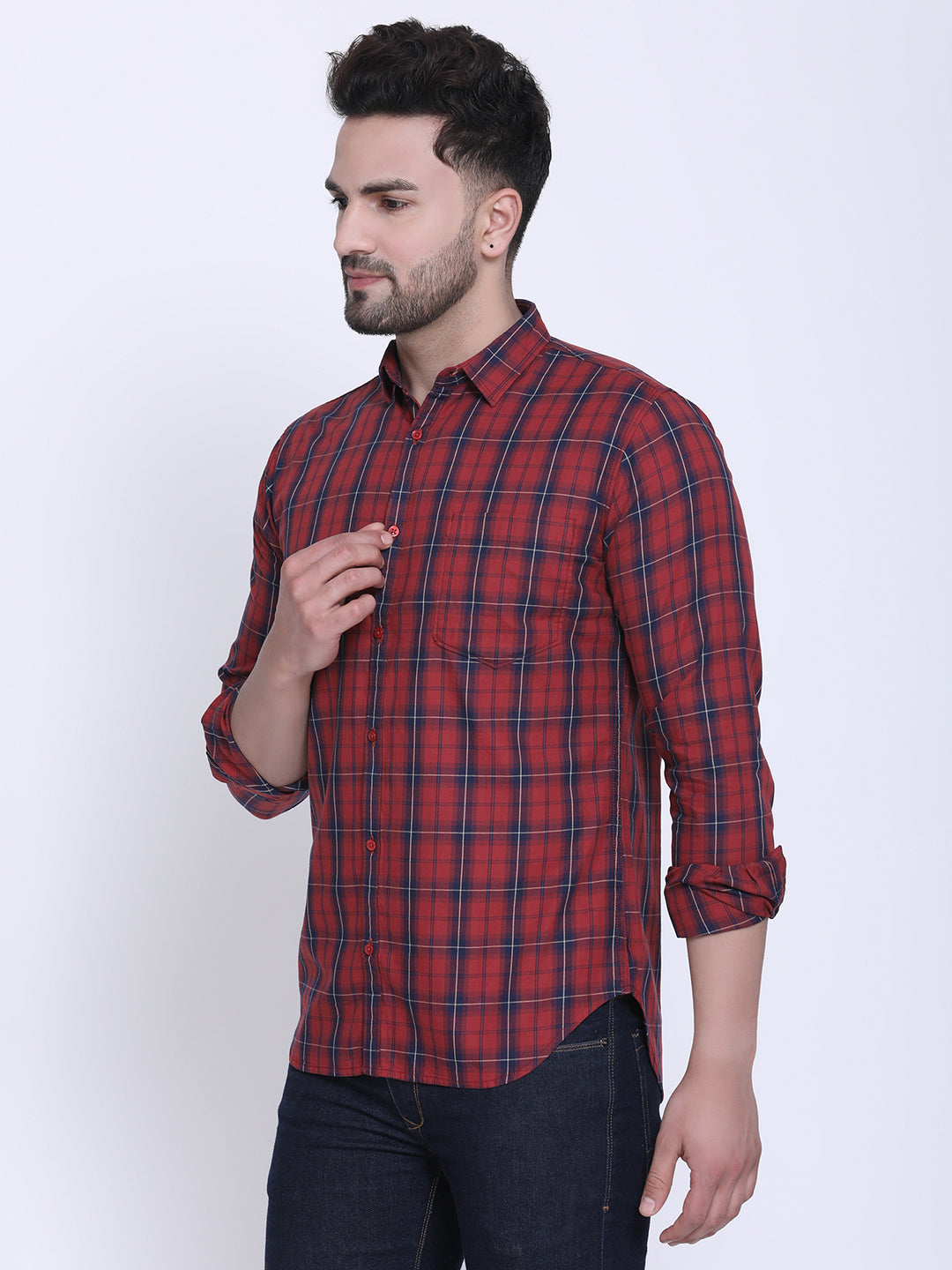 Crosscreek Men Red & Navy Blue Slim Fit Checked Casual Shirt Crosscreek