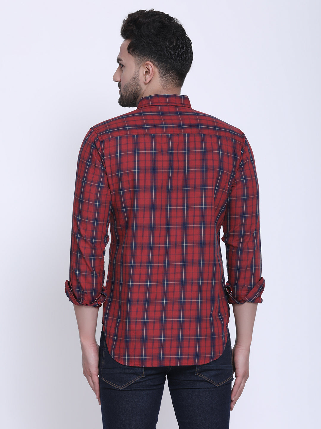 Crosscreek Men Red & Navy Blue Slim Fit Checked Casual Shirt Crosscreek