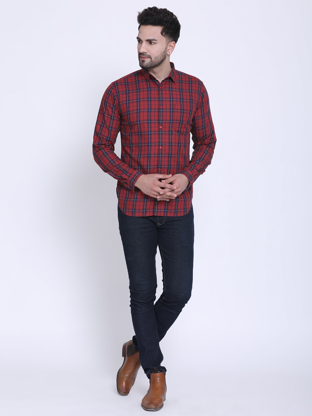 Crosscreek Men Red & Navy Blue Slim Fit Checked Casual Shirt Crosscreek