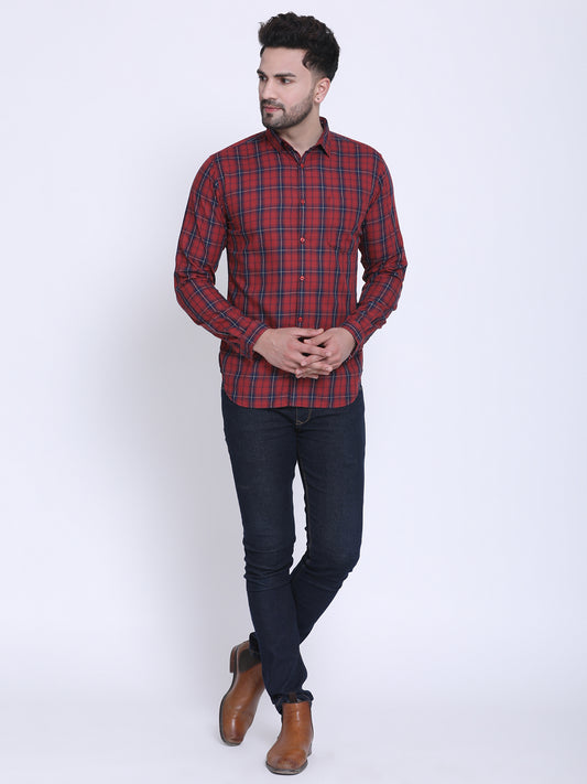 Crosscreek Men Red & Navy Blue Slim Fit Checked Casual Shirt Crosscreek