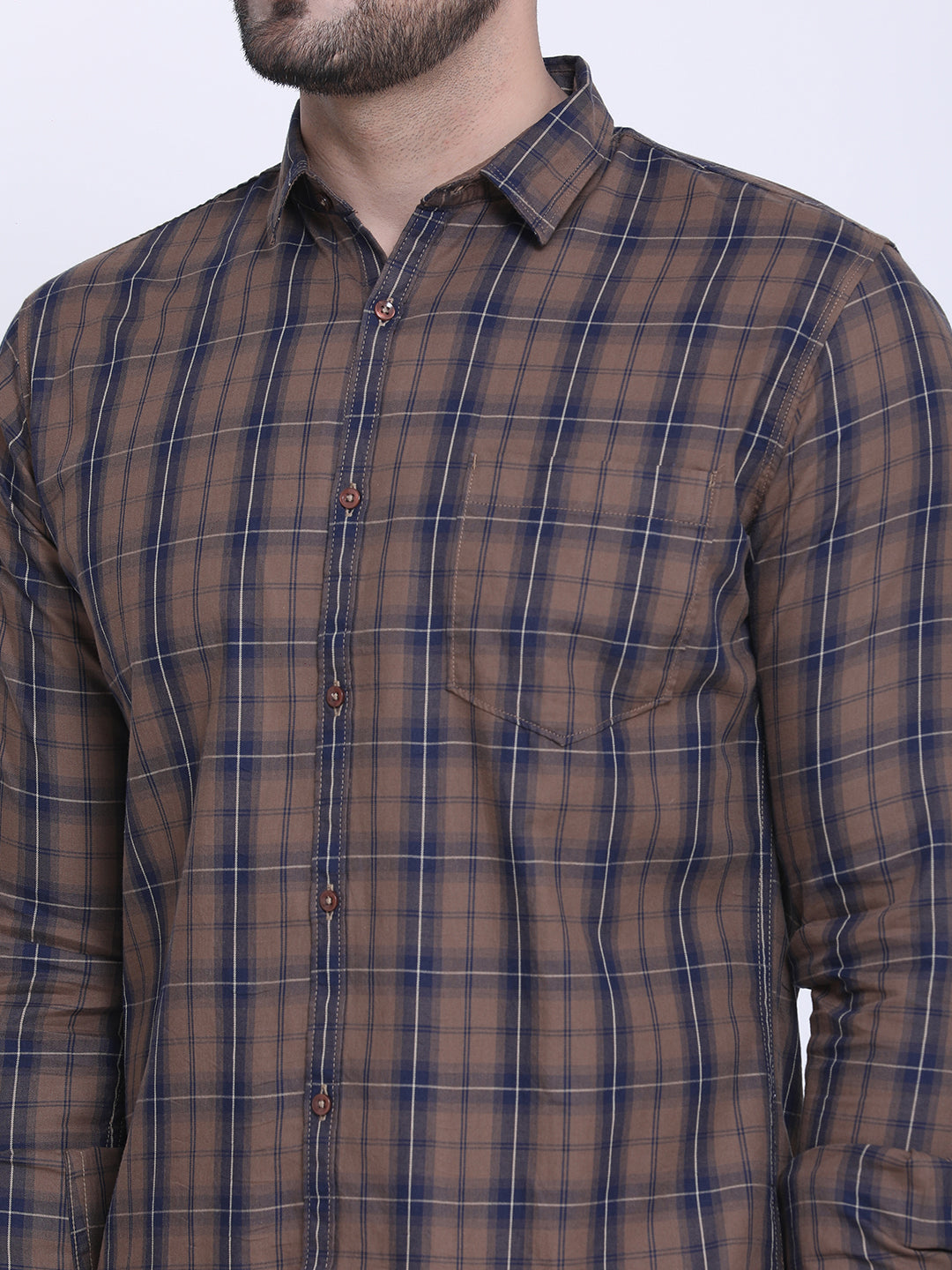 Crosscreek Men Brown & Navy Blue Slim Fit Checked Casual Shirt Crosscreek