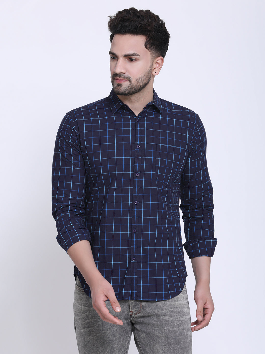 Crosscreek Men Navy Blue & Blue Slim Fit Checked Casual Shirt Crosscreek