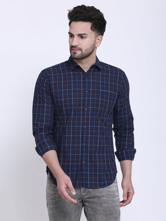 Crosscreek Men Navy Blue & Blue Slim Fit Checked Casual Shirt Crosscreek