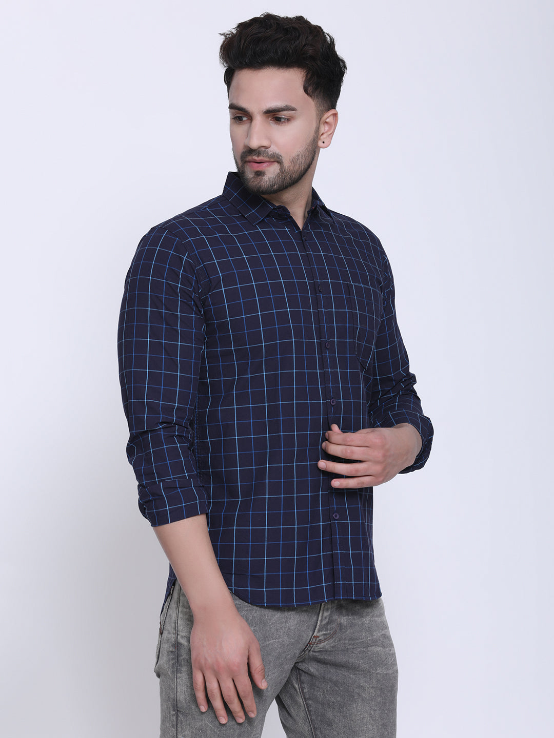 Crosscreek Men Navy Blue & Blue Slim Fit Checked Casual Shirt Crosscreek