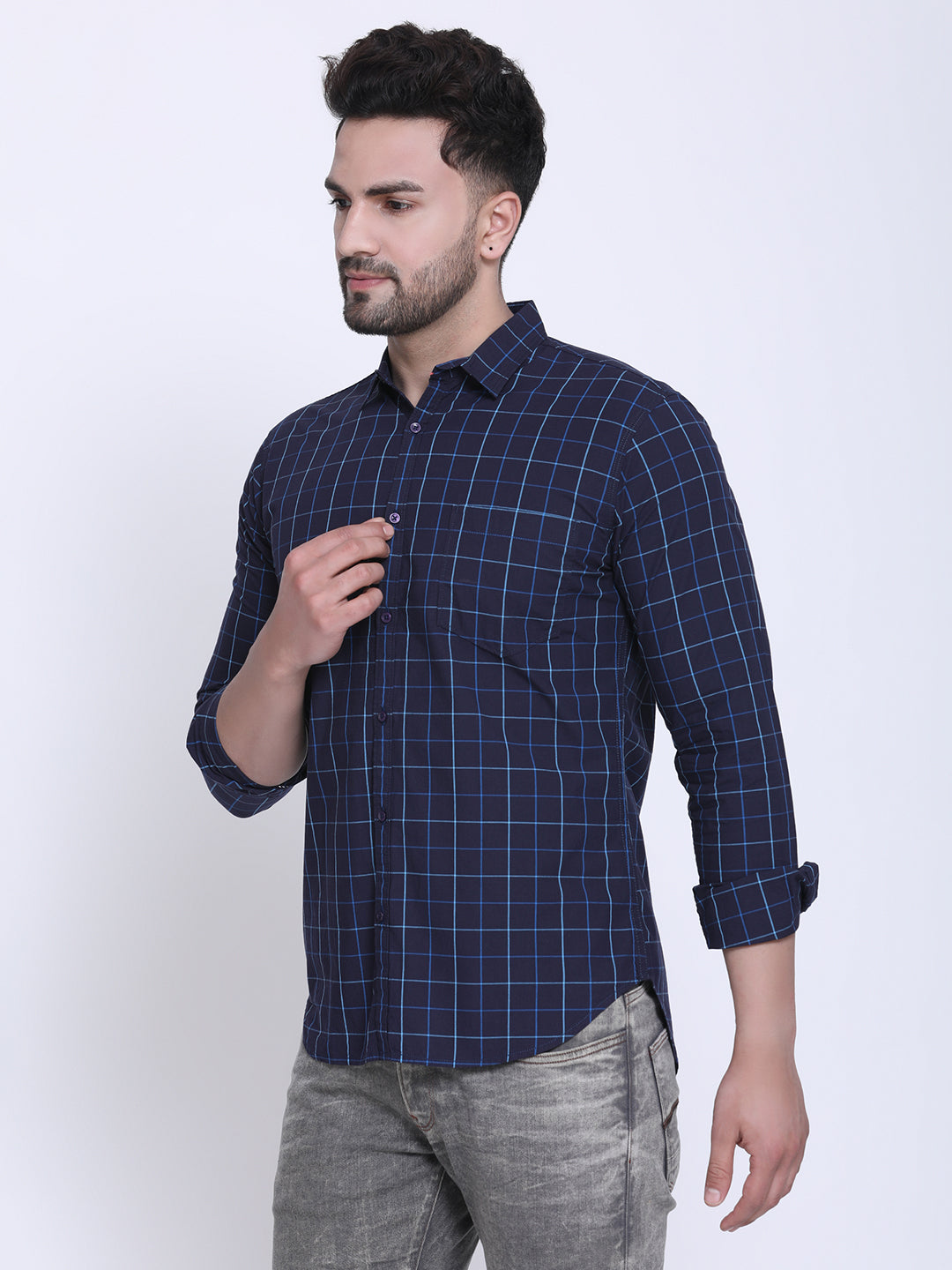 Crosscreek Men Navy Blue & Blue Slim Fit Checked Casual Shirt Crosscreek