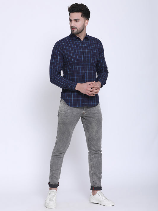 Crosscreek Men Navy Blue & Blue Slim Fit Checked Casual Shirt Crosscreek