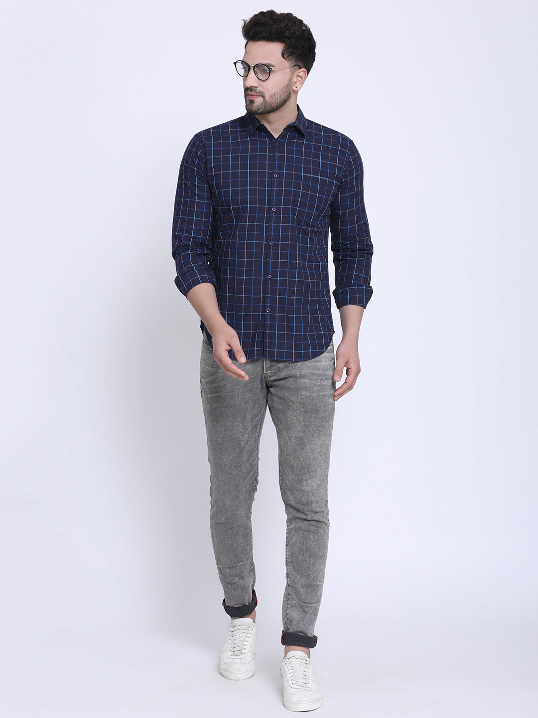 Crosscreek Men Navy Blue & Blue Slim Fit Checked Casual Shirt Crosscreek