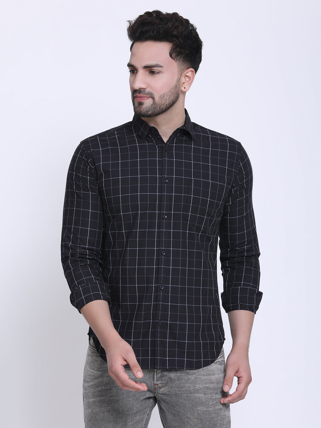 Crosscreek Men Black & White Slim Fit Checked Casual Shirt Crosscreek