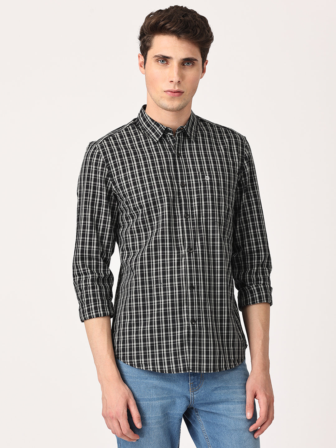 Crosscreek Men Black Slim Fit Checked Cotton Casual Shirt