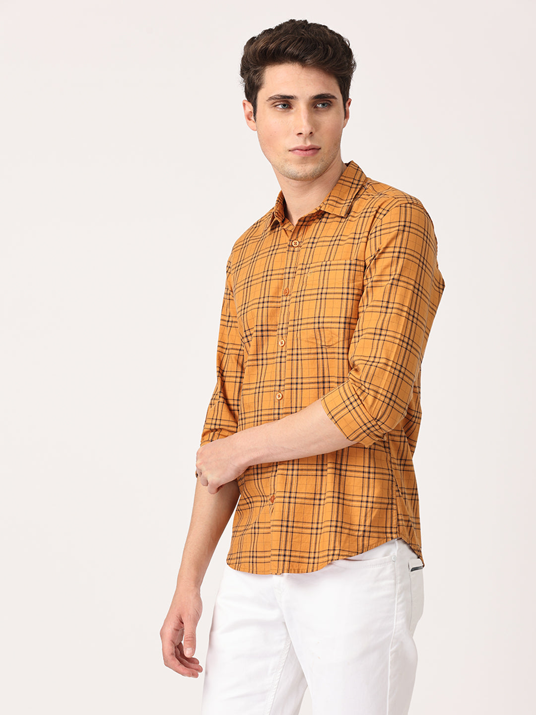 Crosscreek Men Mustard Slim Fit Checked Cotton Casual Shirt Crosscreek