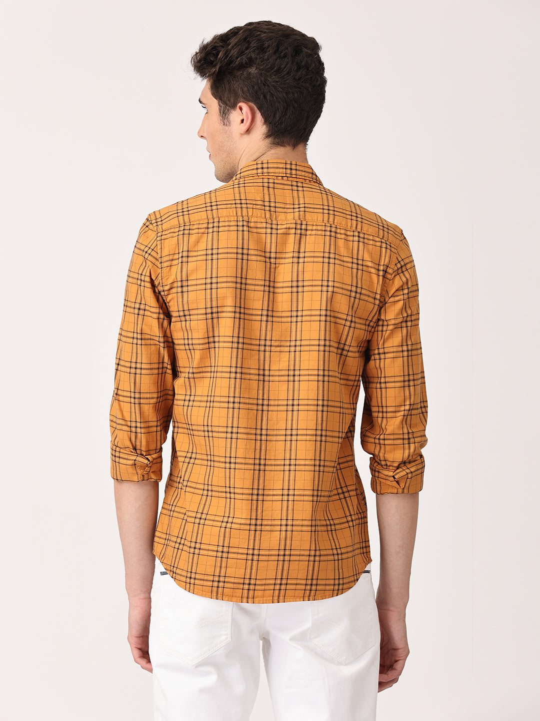 Crosscreek Men Mustard Slim Fit Checked Cotton Casual Shirt Crosscreek