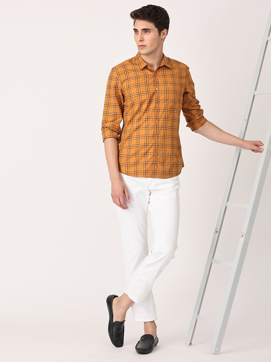 Crosscreek Men Mustard Slim Fit Checked Cotton Casual Shirt Crosscreek