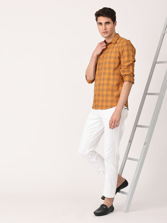 Crosscreek Men Mustard Slim Fit Checked Cotton Casual Shirt Crosscreek
