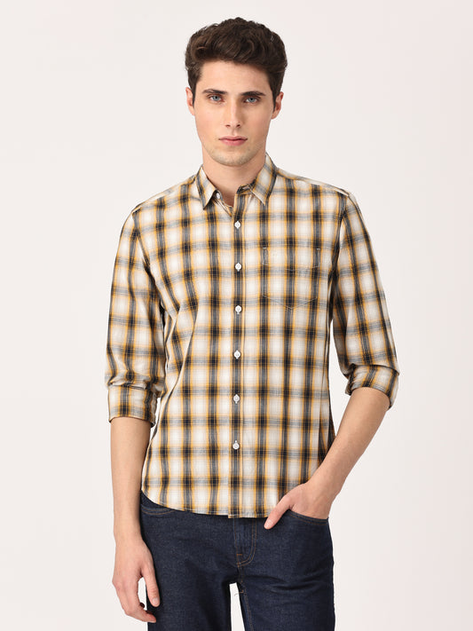 Crosscreek Men Beige Slim Fit Checked Cotton Casual Shirt Crosscreek