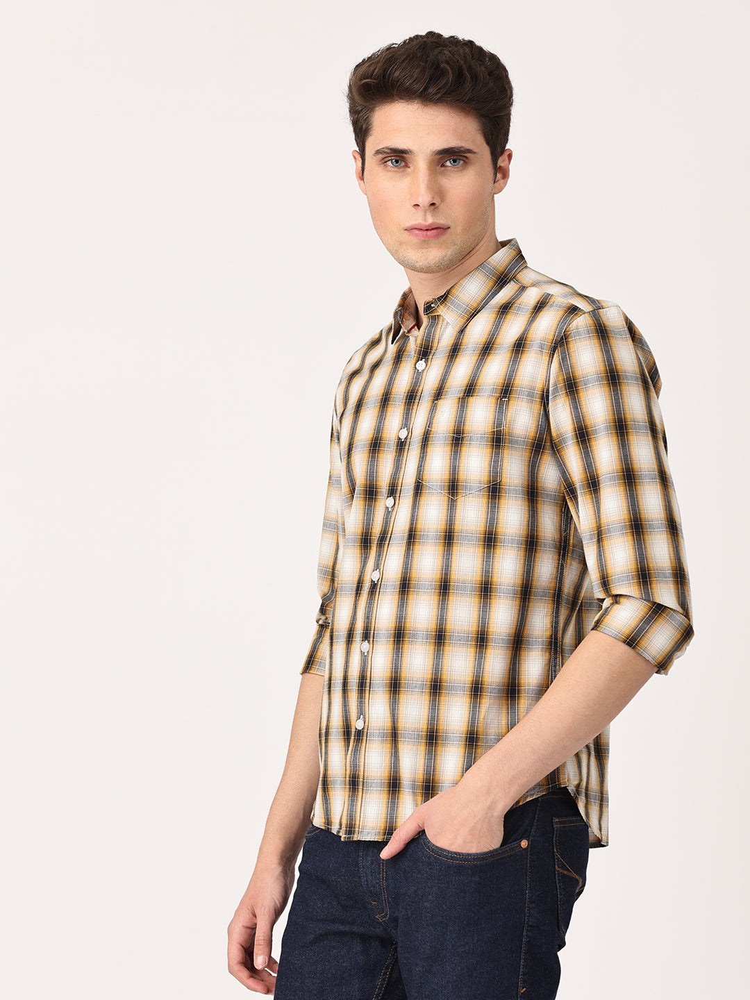 Crosscreek Men Beige Slim Fit Checked Cotton Casual Shirt Crosscreek