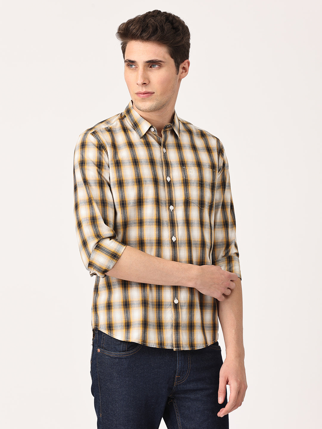 Crosscreek Men Beige Slim Fit Checked Cotton Casual Shirt Crosscreek