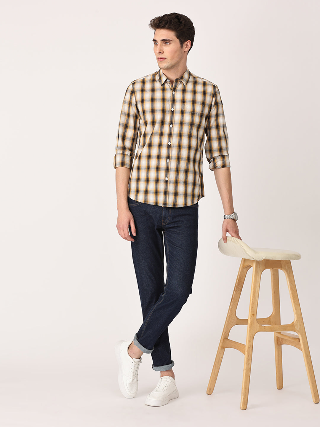 Crosscreek Men Beige Slim Fit Checked Cotton Casual Shirt Crosscreek