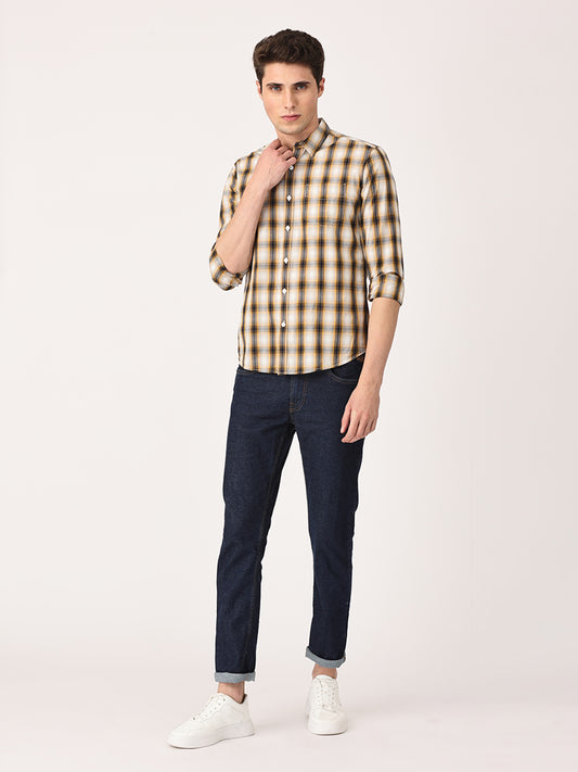 Crosscreek Men Beige Slim Fit Checked Cotton Casual Shirt Crosscreek