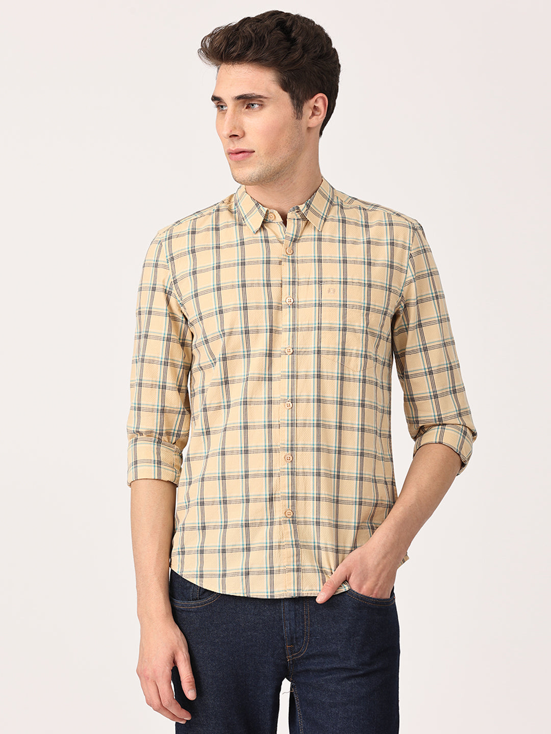 Crosscreek Men Beige Slim Fit Checked Cotton Casual Shirt Crosscreek