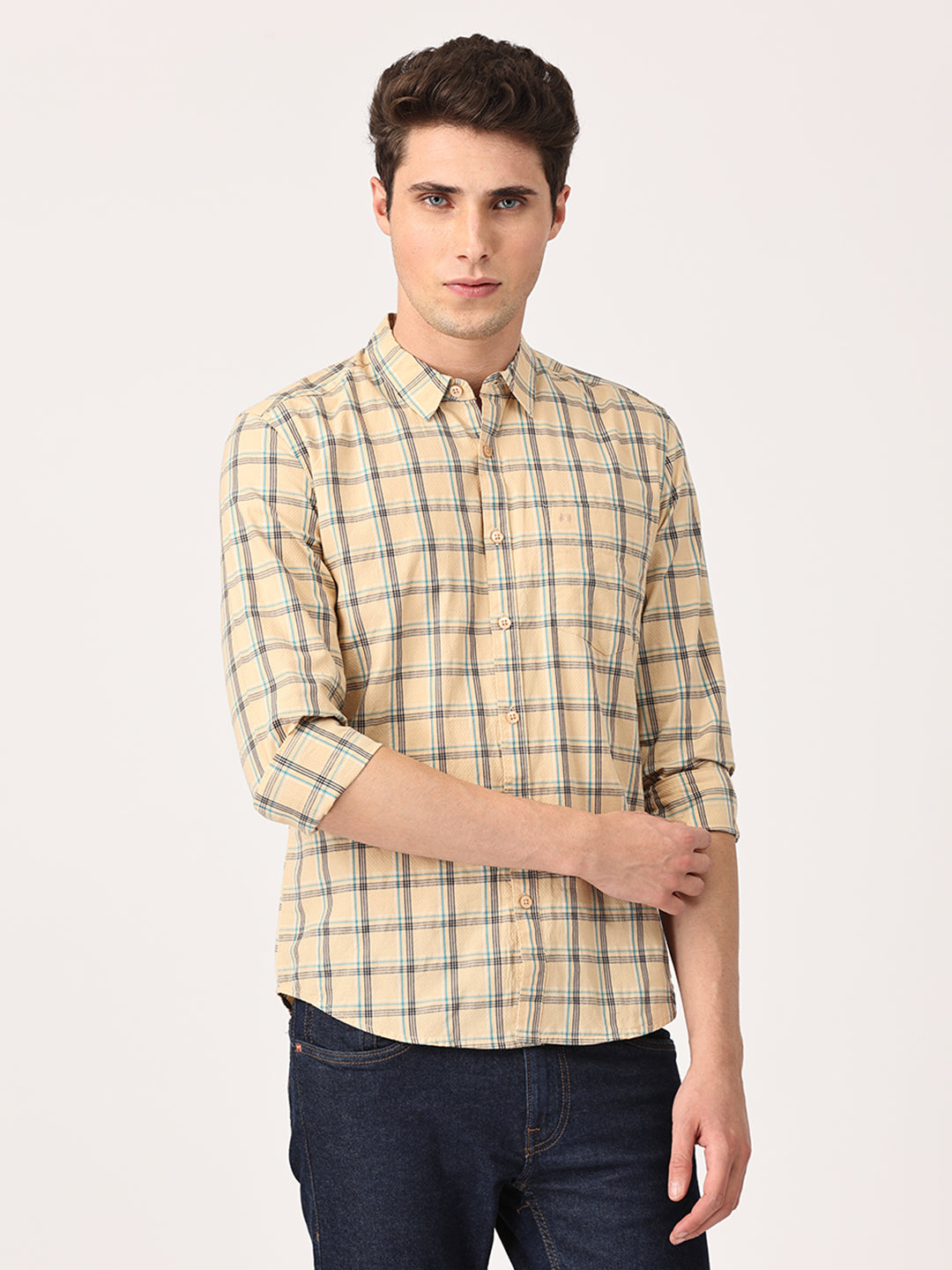 Crosscreek Men Beige Slim Fit Checked Cotton Casual Shirt Crosscreek