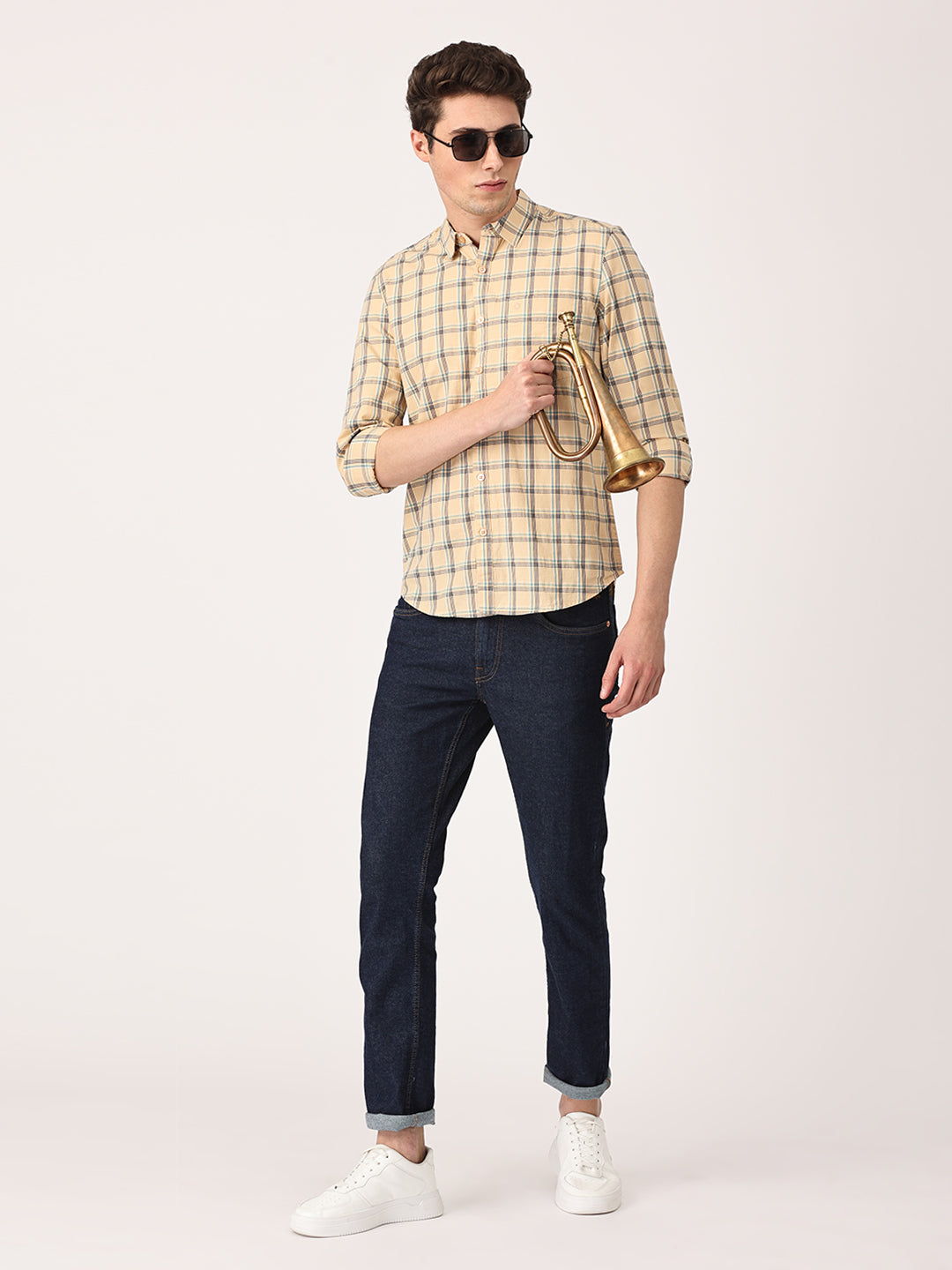 Crosscreek Men Beige Slim Fit Checked Cotton Casual Shirt Crosscreek