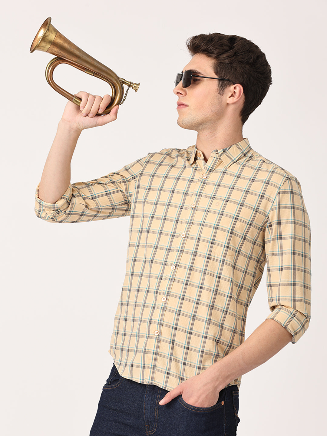 Crosscreek Men Beige Slim Fit Checked Cotton Casual Shirt Crosscreek