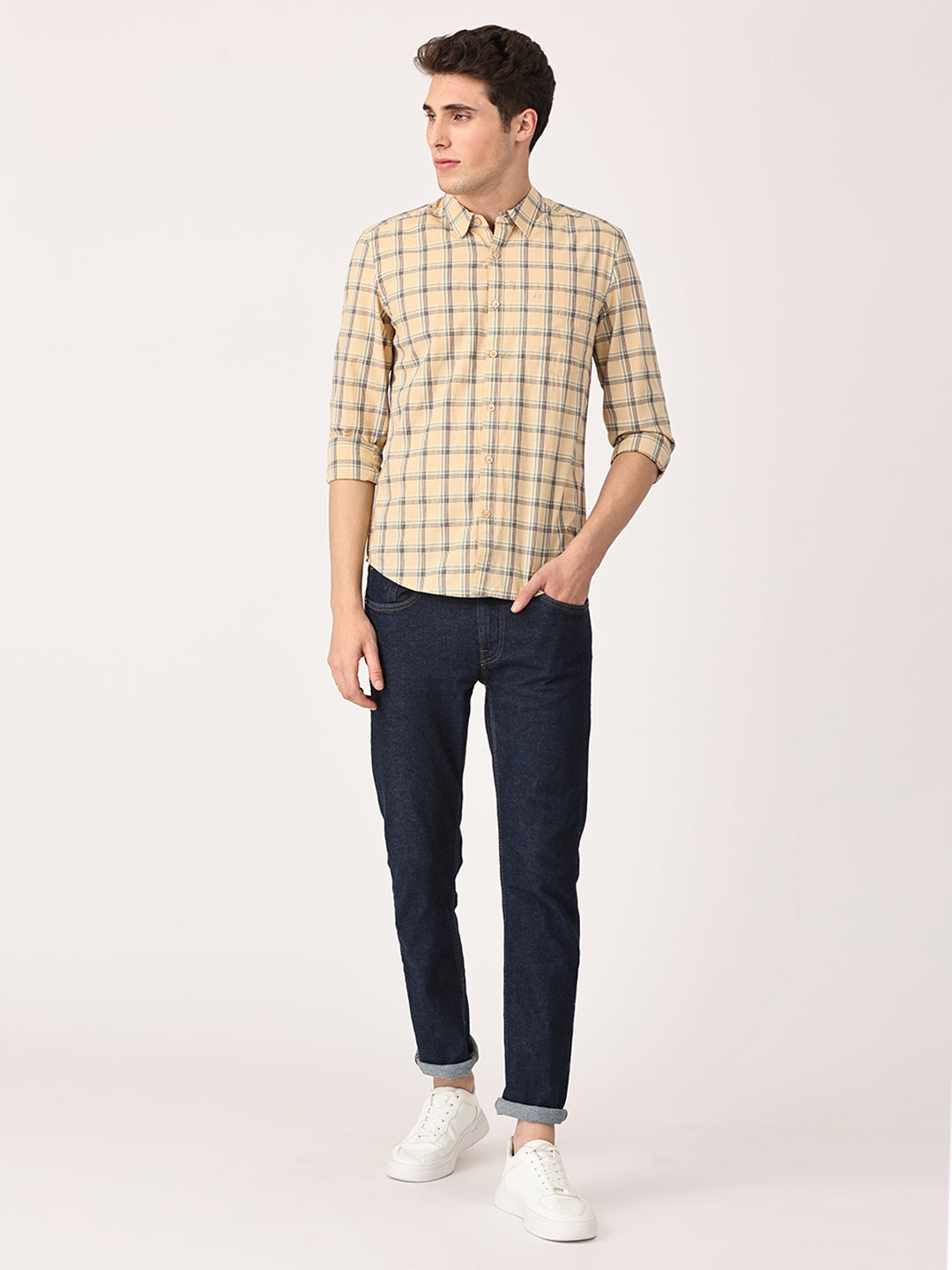 Crosscreek Men Beige Slim Fit Checked Cotton Casual Shirt Crosscreek