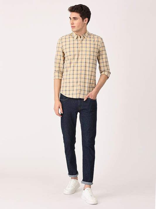 Crosscreek Men Beige Slim Fit Checked Cotton Casual Shirt Crosscreek