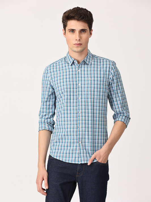Crosscreek Men Blue Slim Fit Checked Cotton Casual Shirt