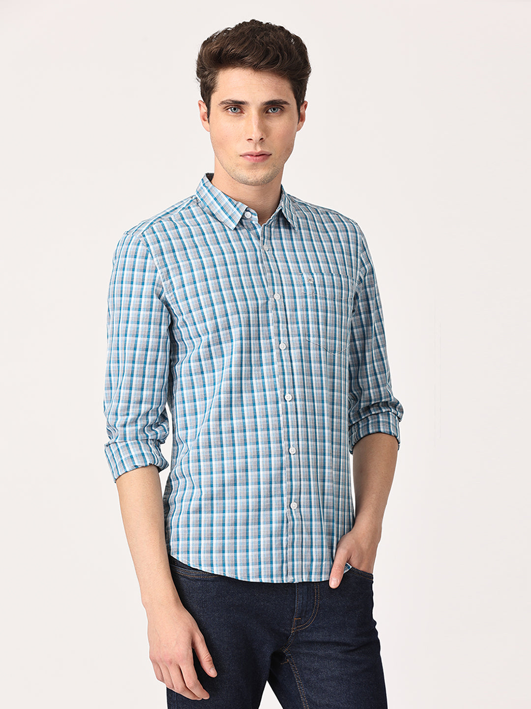 Crosscreek Men Blue Slim Fit Checked Cotton Casual Shirt
