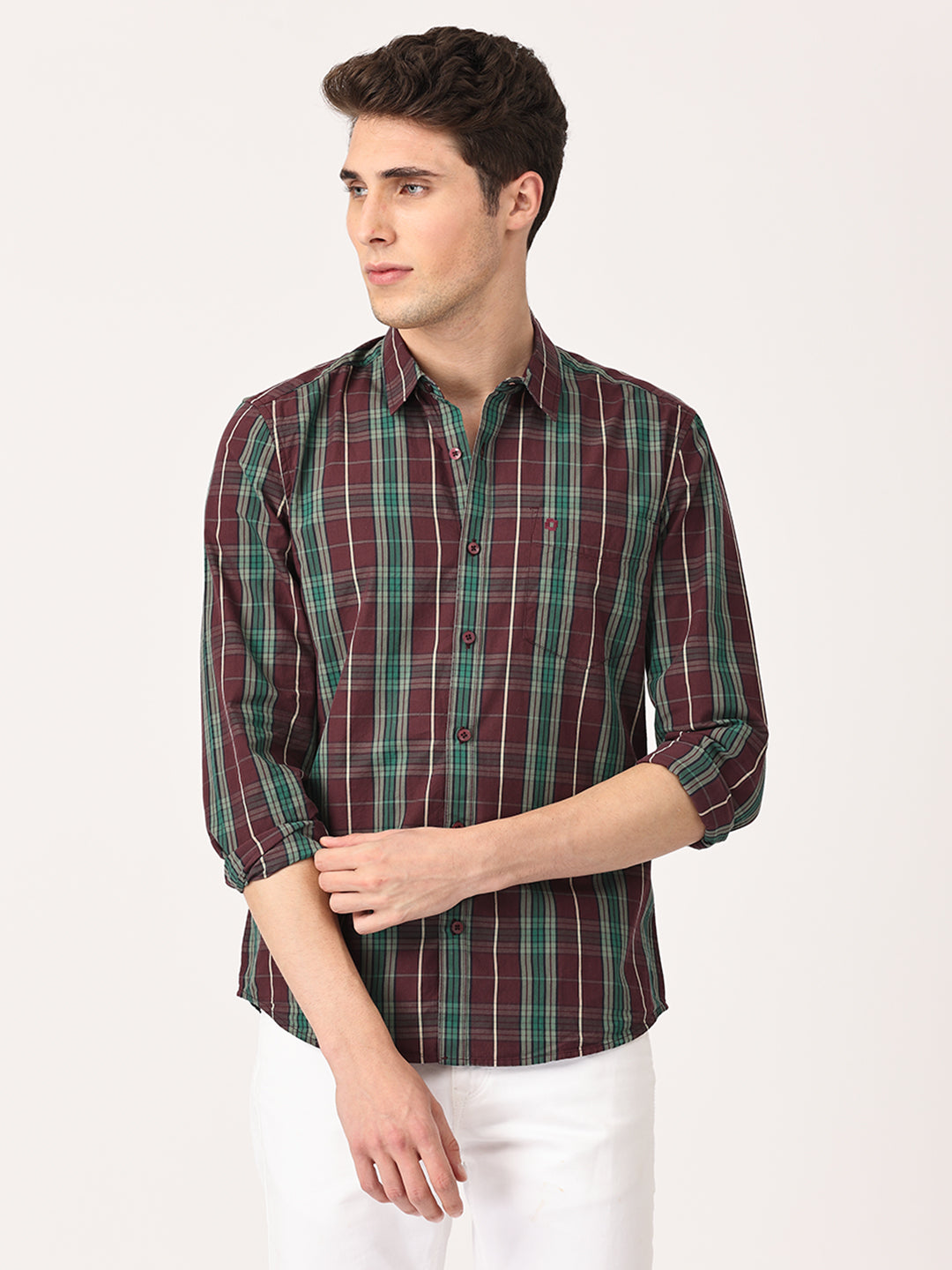 Crosscreek Men Maroon Slim Fit Checked Cotton Casual Shirt Crosscreek