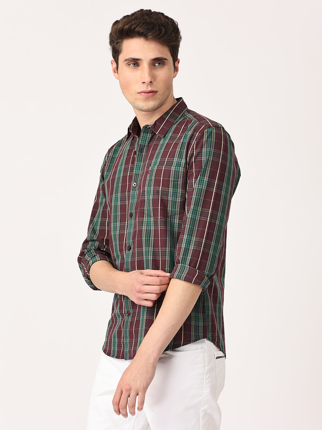 Crosscreek Men Maroon Slim Fit Checked Cotton Casual Shirt Crosscreek