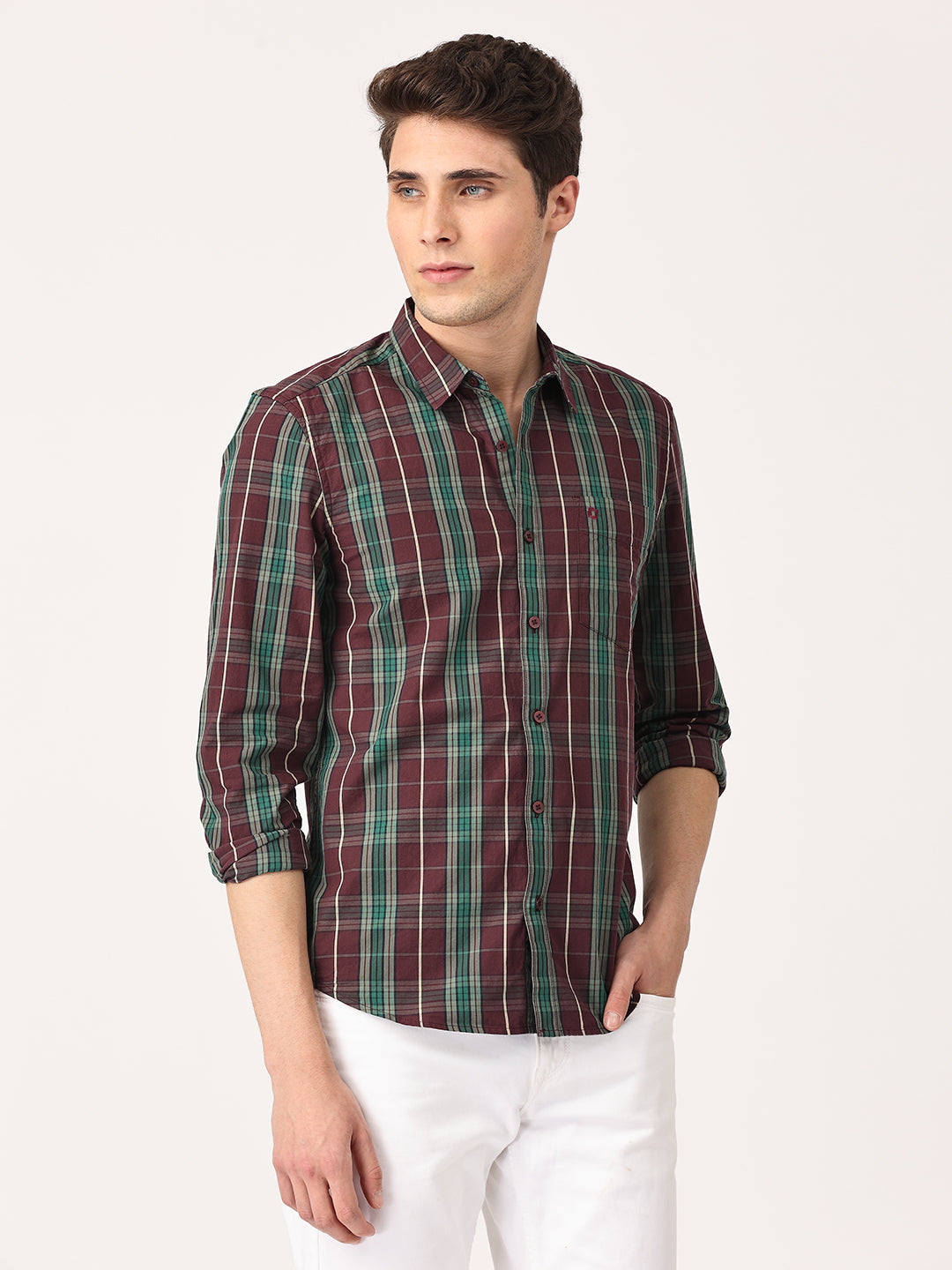 Crosscreek Men Maroon Slim Fit Checked Cotton Casual Shirt Crosscreek