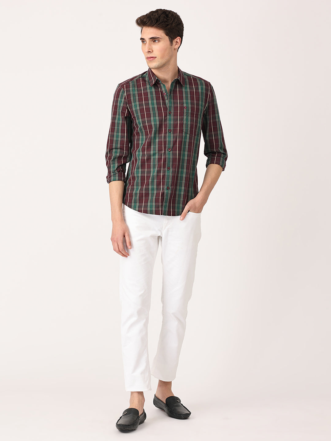 Crosscreek Men Maroon Slim Fit Checked Cotton Casual Shirt Crosscreek
