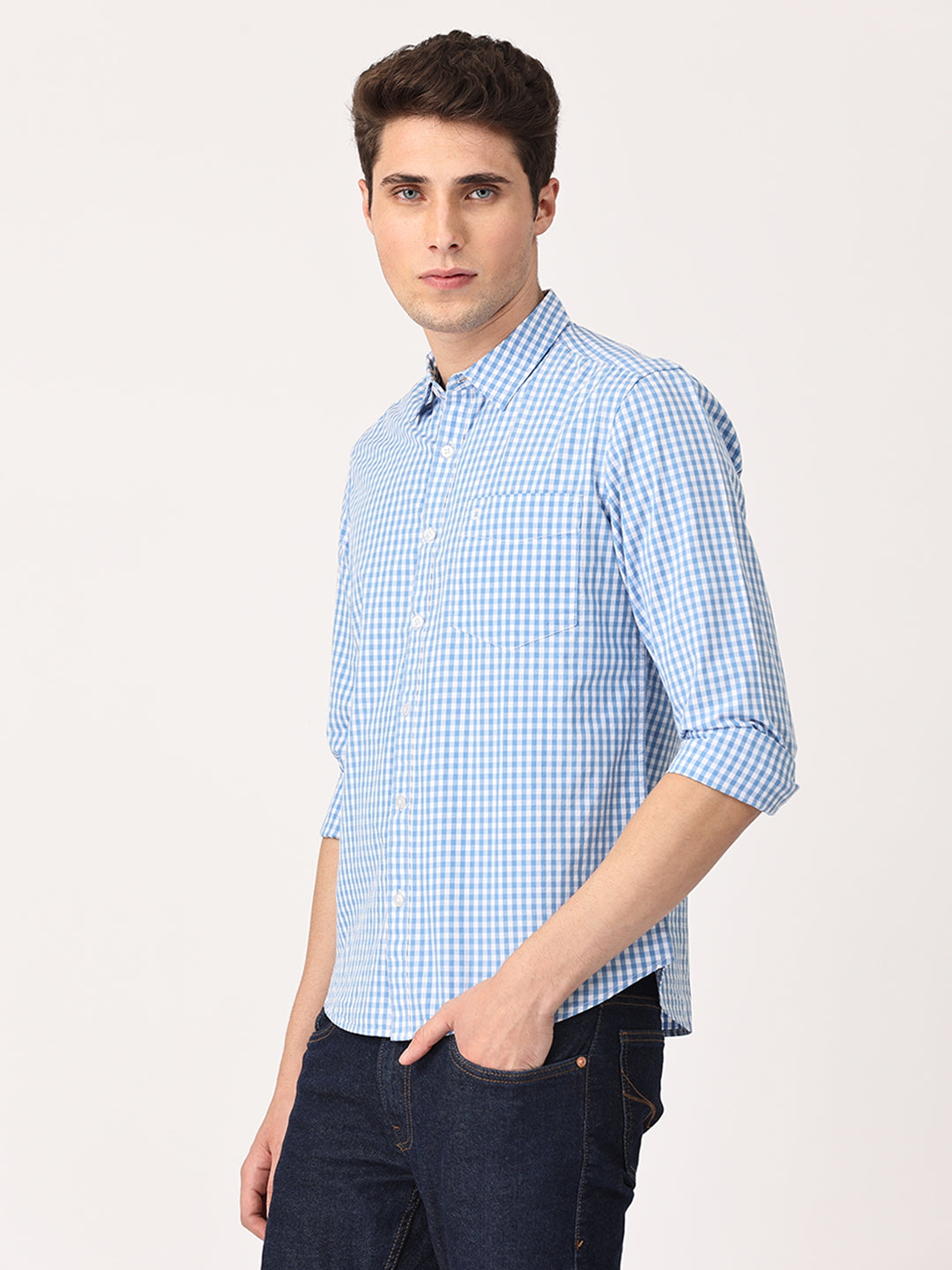 Crosscreek Men Blue Slim Fit Checked Cotton Casual Shirt