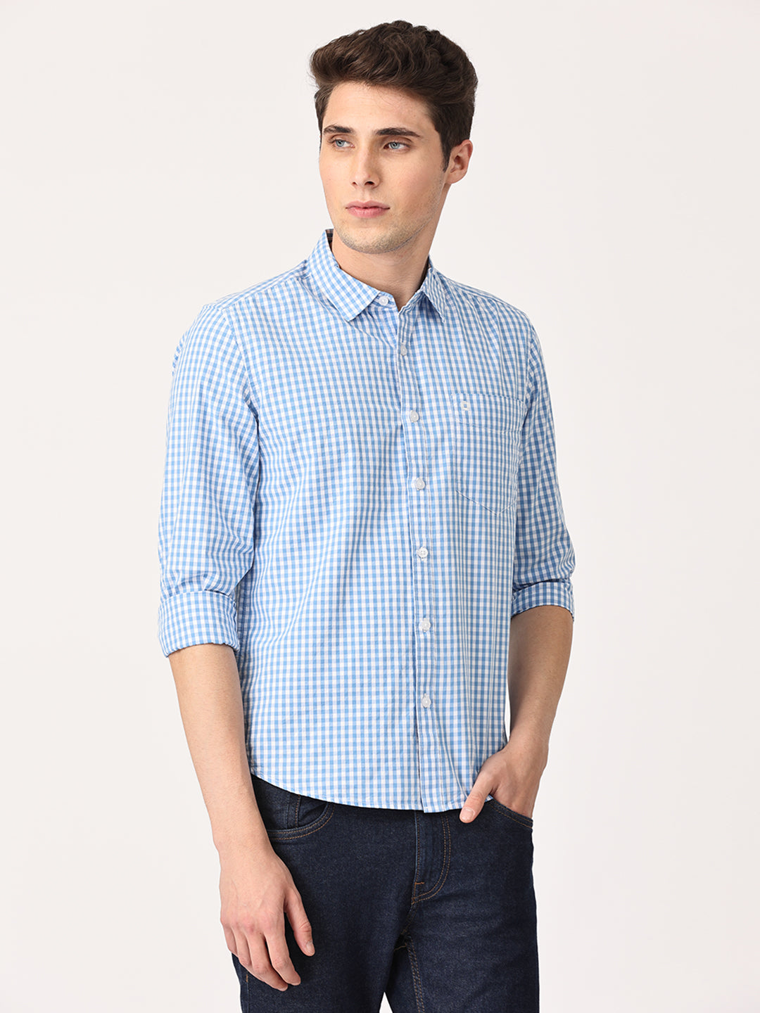 Crosscreek Men Blue Slim Fit Checked Cotton Casual Shirt