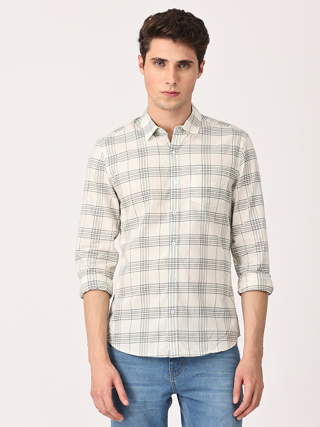 Crosscreek Men White Slim Fit Checked Cotton Casual Shirt Crosscreek